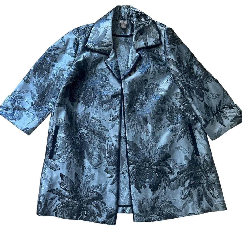 Chico's Blazer Jacket Women One Size 1P Blue Floral Jacquard Metallic Indigo EUC